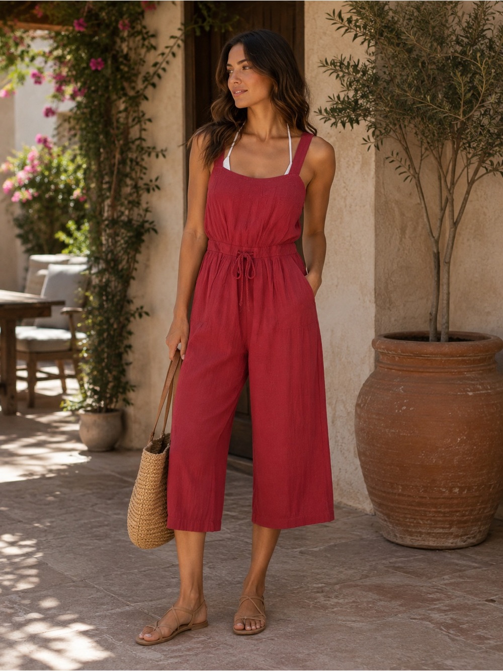 Free People Beach Casual Wide-Leg Jumpsuit with Drawstring Waist and open back